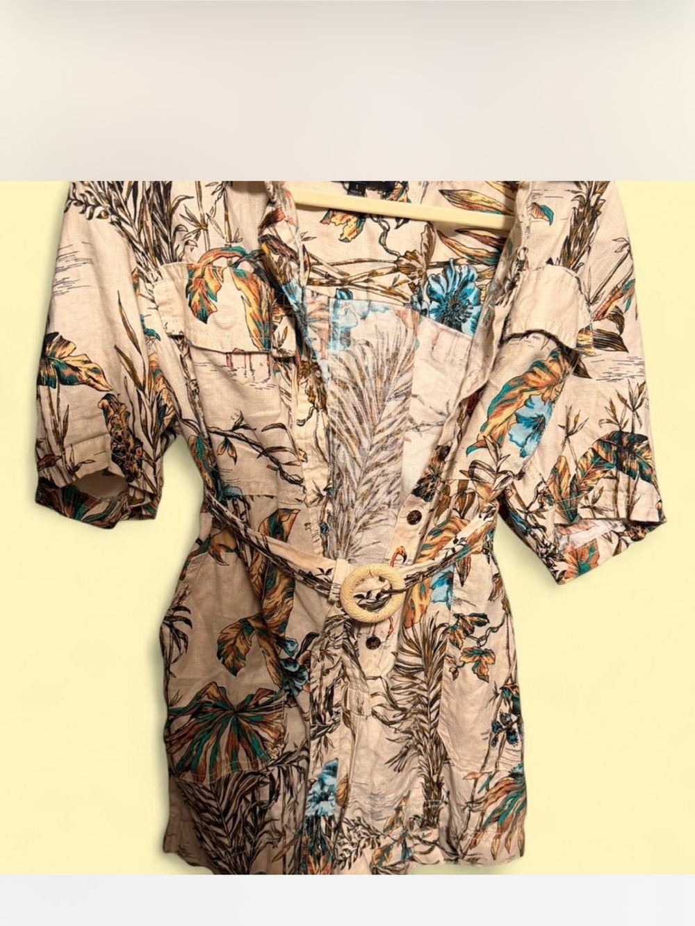 Beige Tropical Print Belted Shirt Dress with Blue Accents